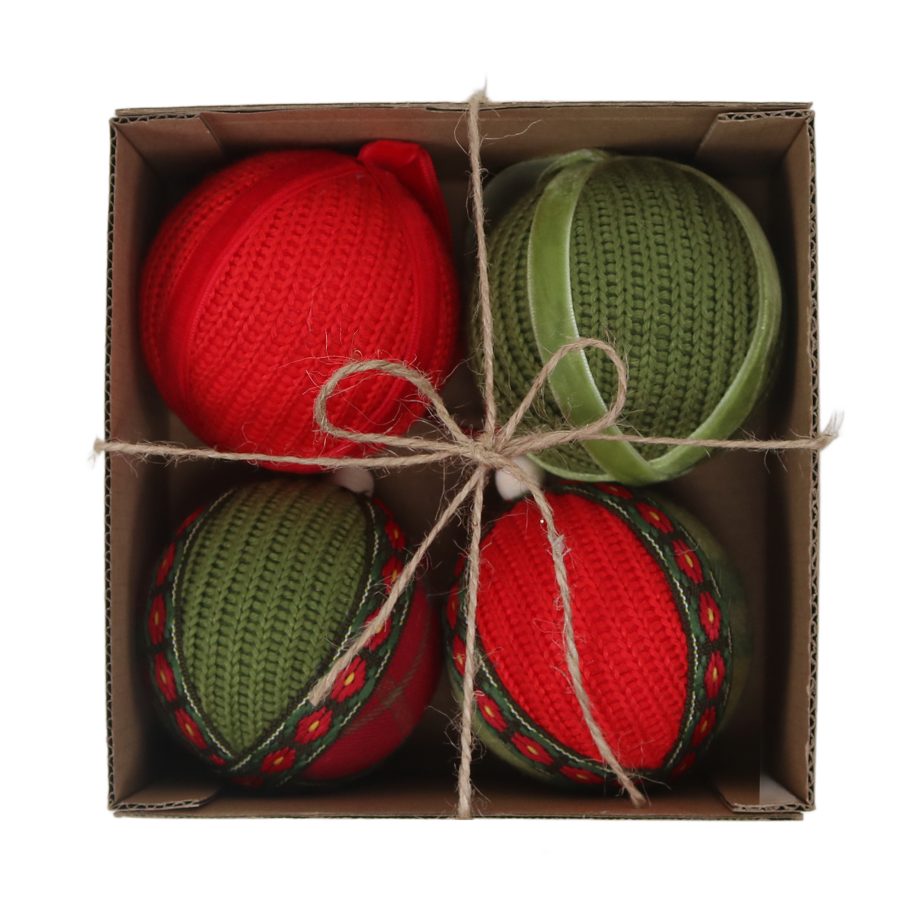 BALL FABRIC KNITTED 3" RED & GREEN 4PCD BOX RIBBED W/DECORATIVE BAND