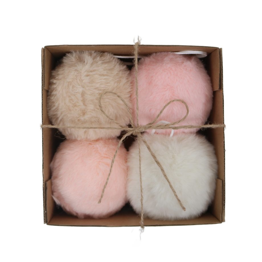 BALL FABRIC FAUX FUR 3" WHITE/ PINK /BEIGE 4 PCS BOX