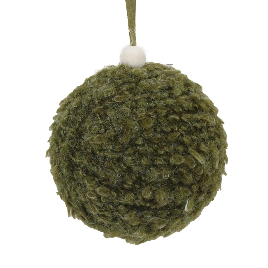 BALL FABRIC WOOL 3" GREEN POMPOM STYLE W/WHITE BEAD