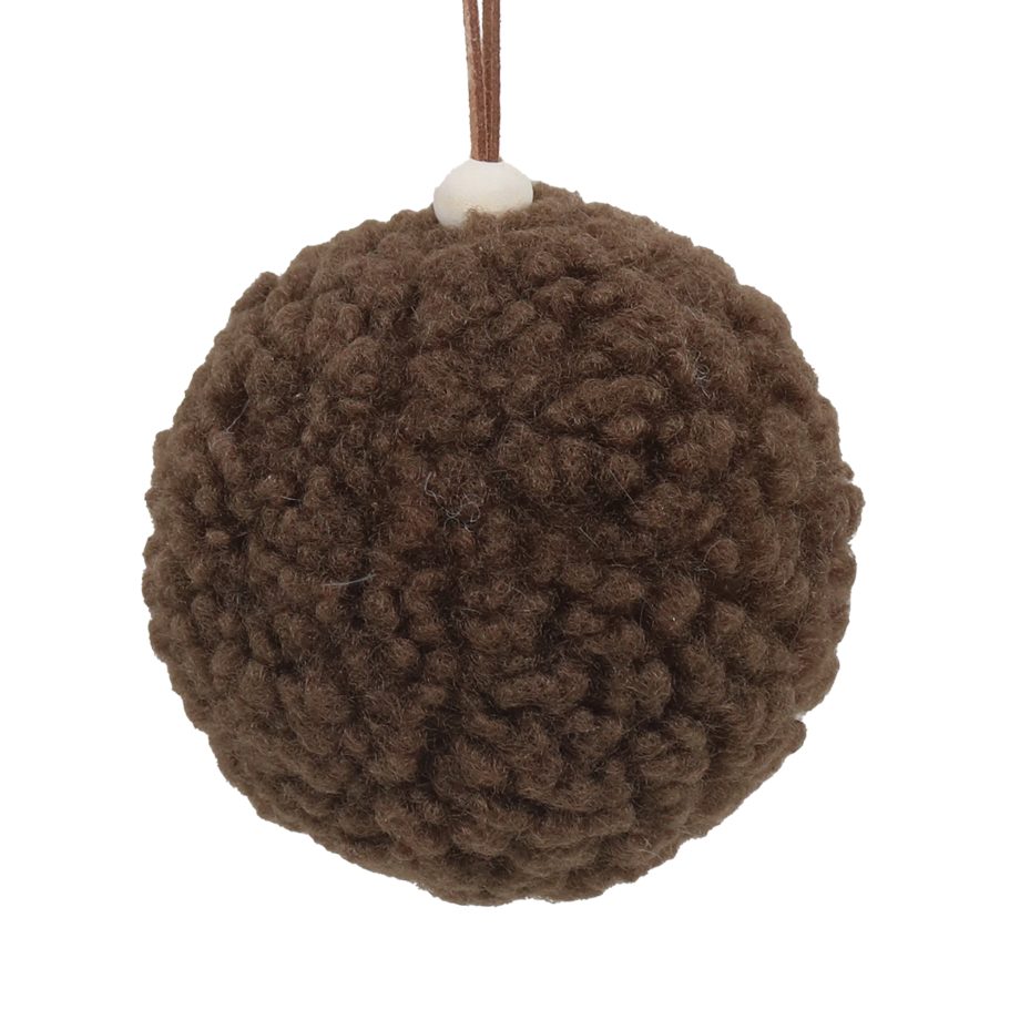 BALL FABRIC WOOL 3.5" DARK BROWN POMPOM STYLE W/WHITE BEAD