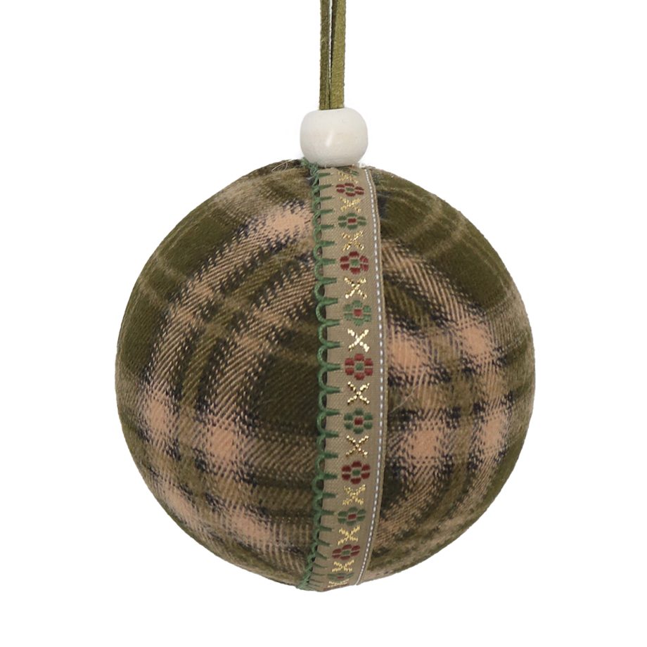 BALL FABRIC WOVEN 3" GREEN/ BEIGE PLAID W/DECORATIVE BAND