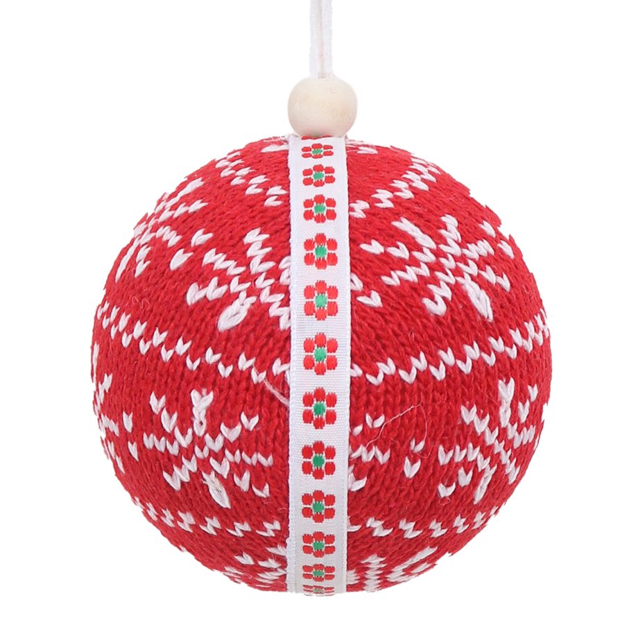 BALL FABRIC KNITTED 3" RED W/SNOWFLAKE PATTERN & DECORATIVE BAND