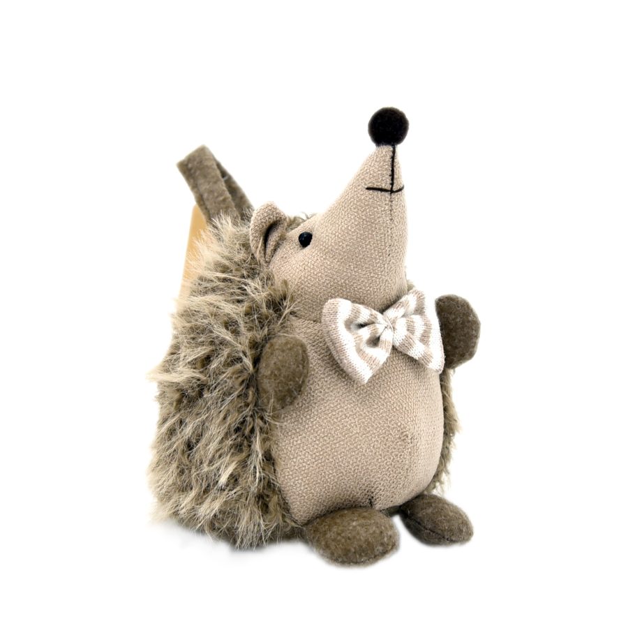 PLUSH HEDGEHOG SITTING BROWN 7.5" W/ STRIPED BOW-TIE