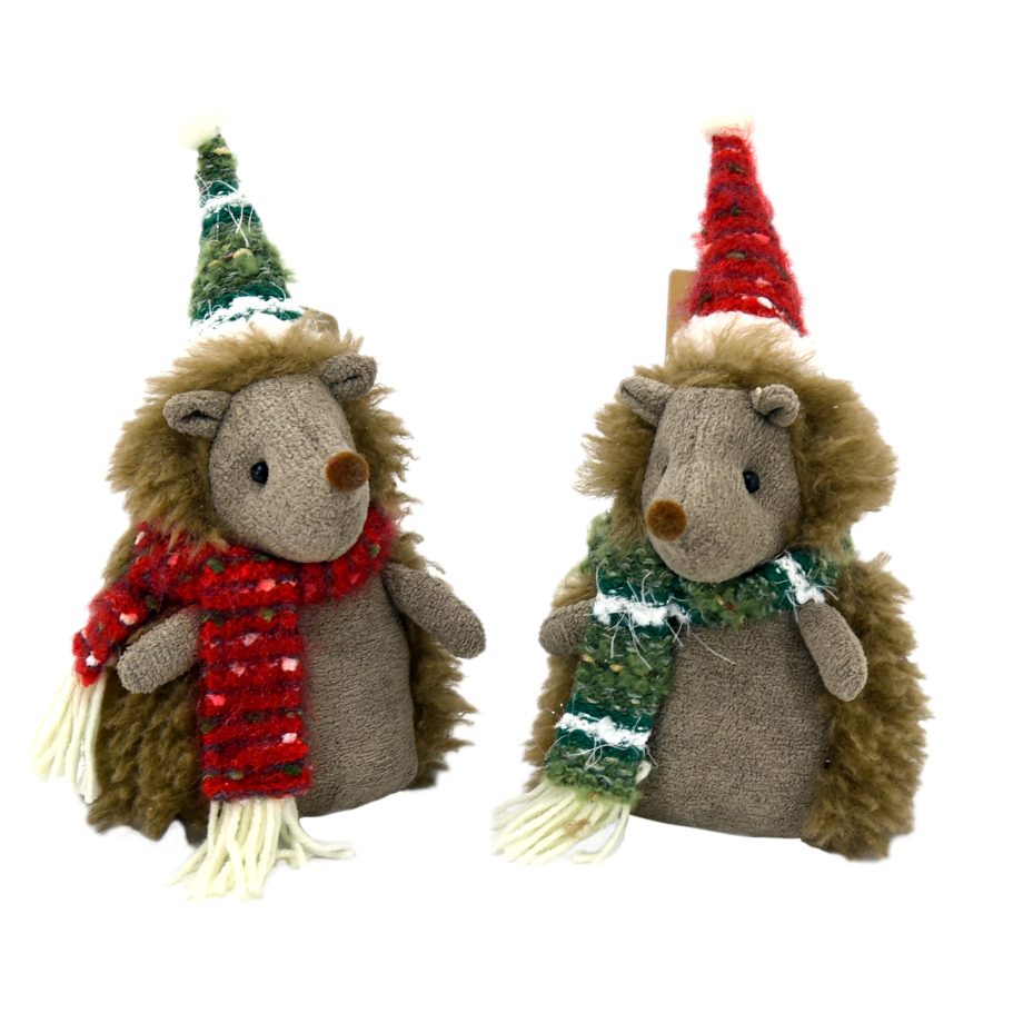 PLUSH HEDGEHOG SITTING BROWN/GRAY 10" W/ KNITTED RED HAT & SCARF