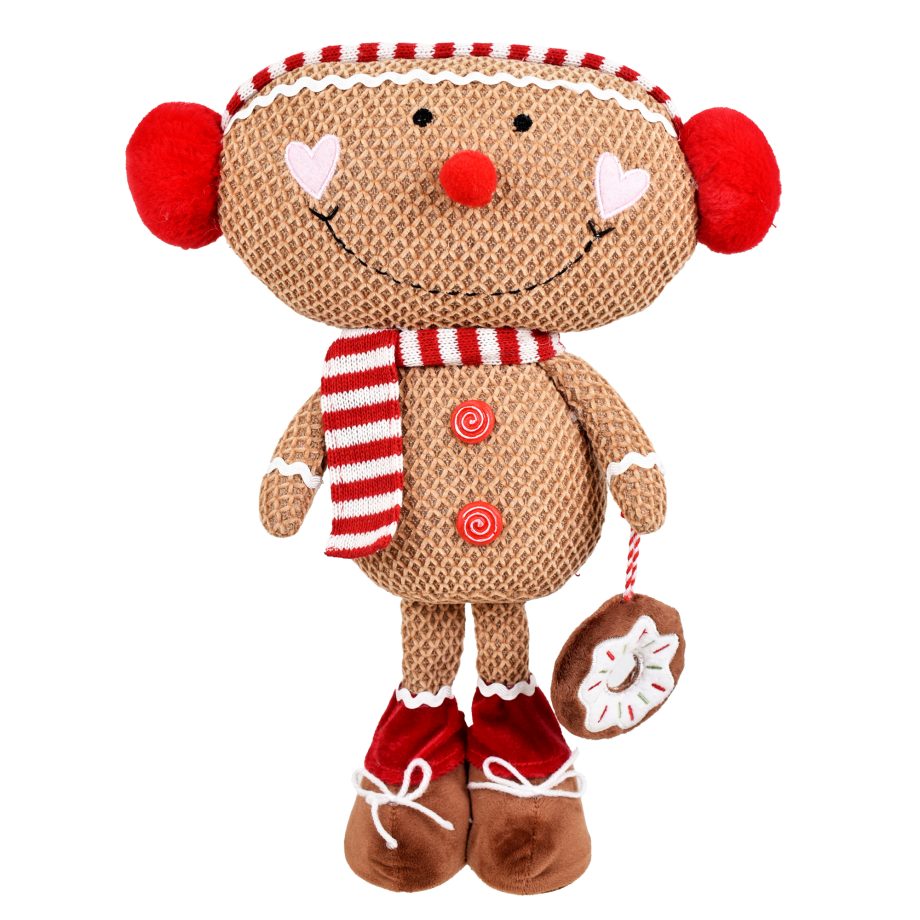 PLUSH GINGERBREAD MAN STANDING BROWN/RED 15" W/ HOLDING A DOUGHNUT W/ SCARF & EARMUFFS