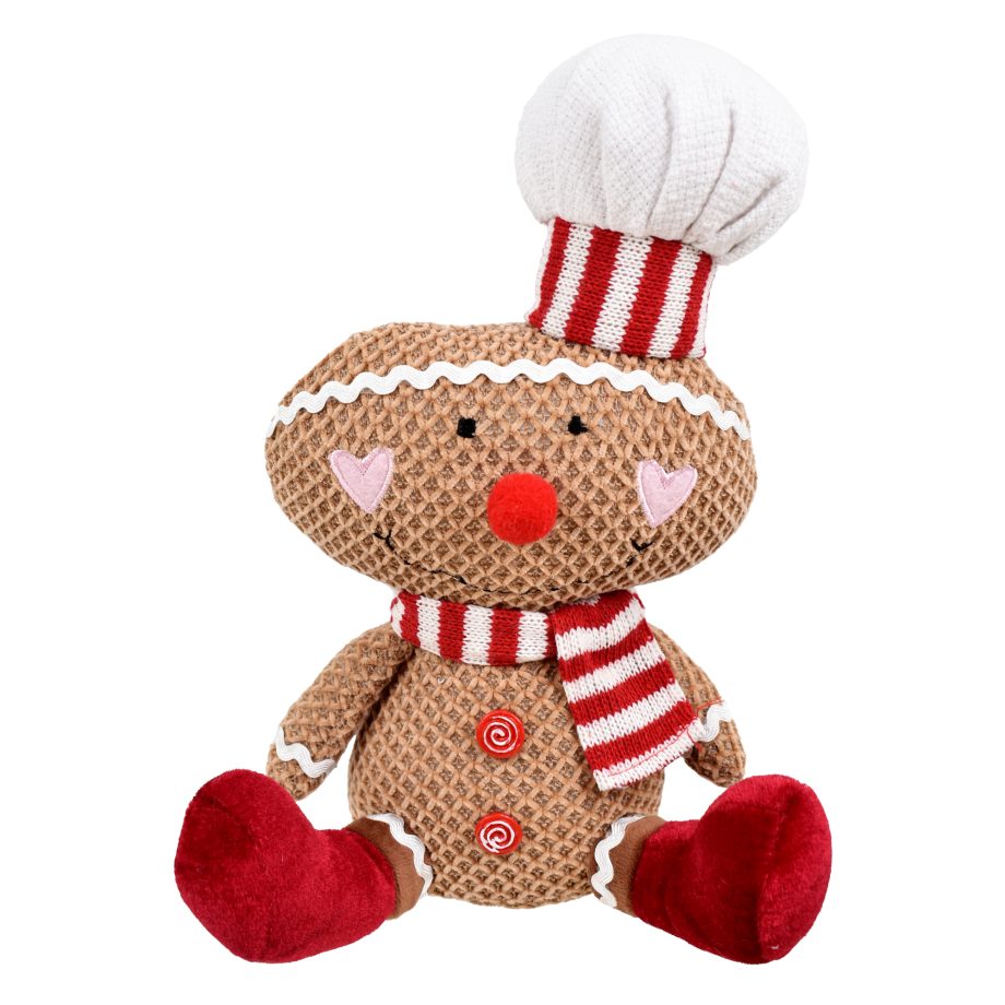 PLUSH GINGERBREAD MAN SITTING BROWN/RED 11" W/ SCARF & CHEF'S TOQUE