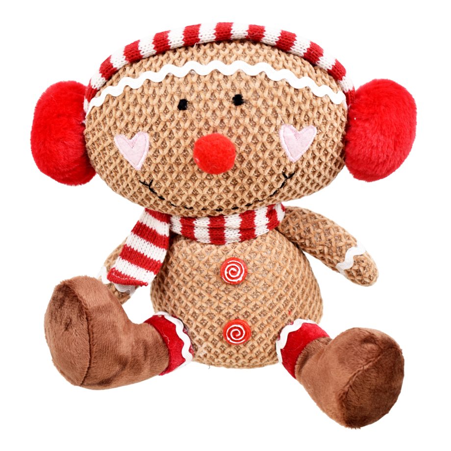 PLUSH GINGERBREAD MAN STITTING BROWN/RED 8" W/ SCARF & EARMUFFS