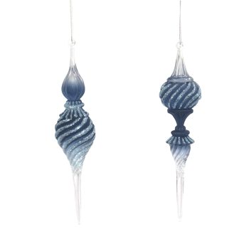 ORN DROP ICICLE CLEAR/INK BLUE W/STARLIGHT BLUE GLTR 7", 2/S