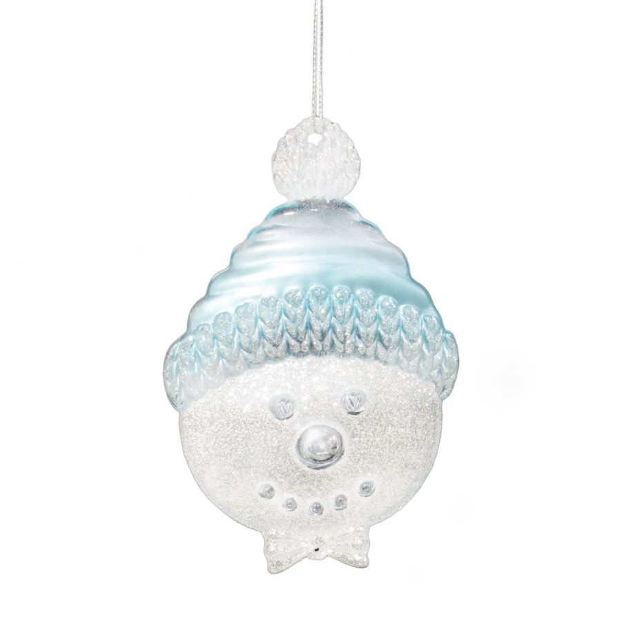 ORN SNOWMAN HEAD CLEAR/ICE BLUE W/WHT SILVER GLTR