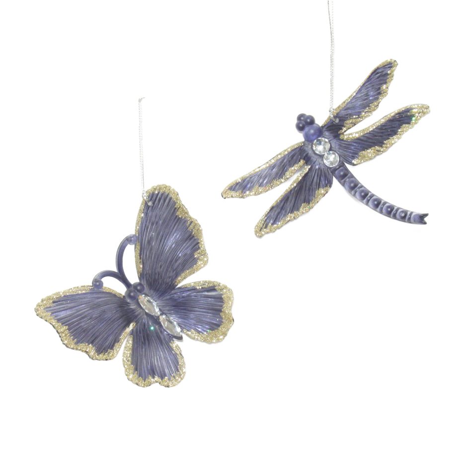 ORN BUTTERFLY & DRAGONFLY INK BLUE W/LT GOLD GLTR & CLEAR JEWEL 4", 2/S