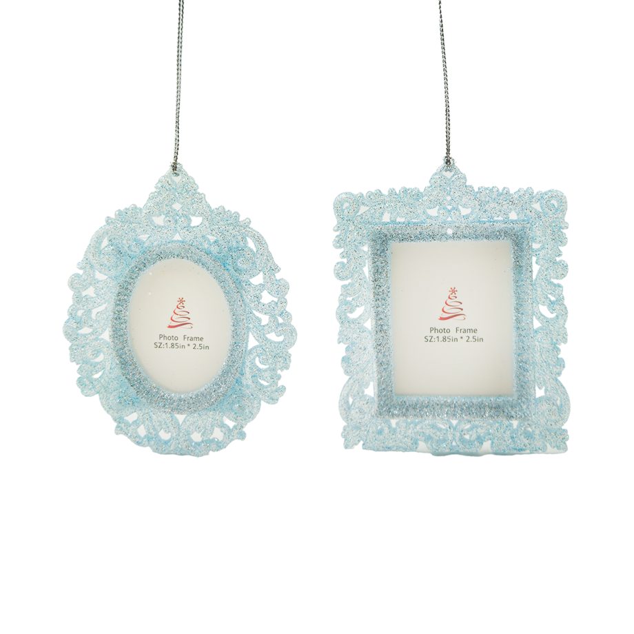 ORN PHOTO FRAME STARLIGHT BLUE/SILVER 3.9" & 4.1" W/GLTR, 2/S