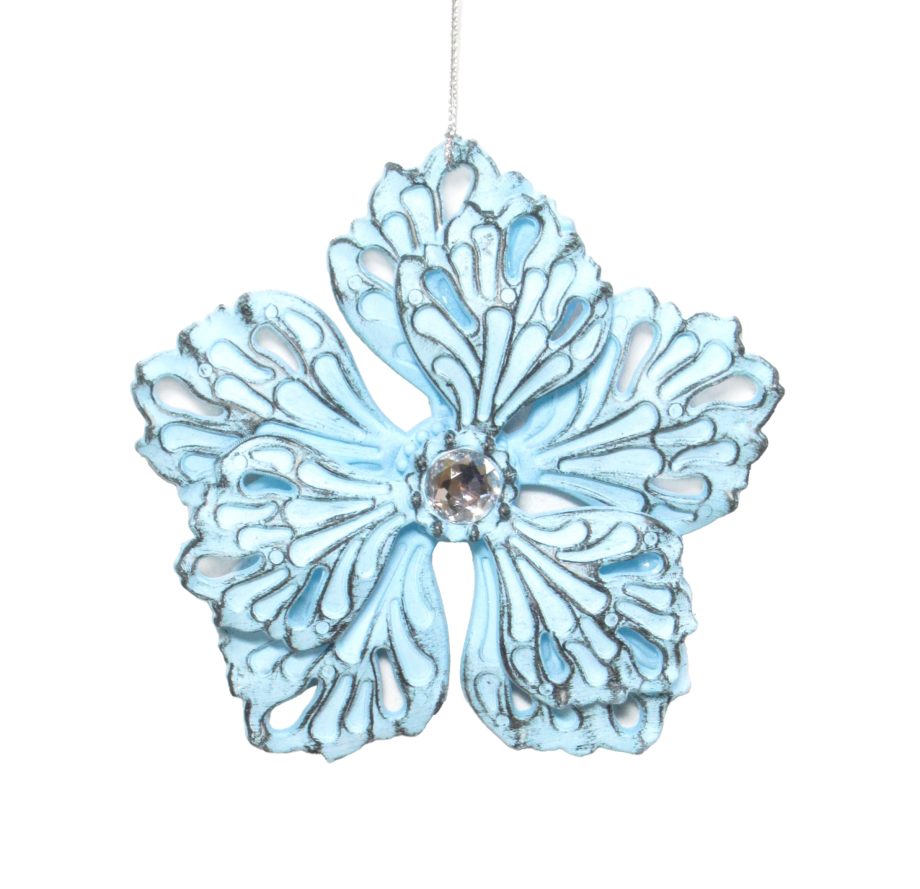 ORN SNOWFLAKE MATTE ANTIQUE BLUE BRUSHED EVENING BLUE SHELL 4.7" W/CLEAR JEWEL