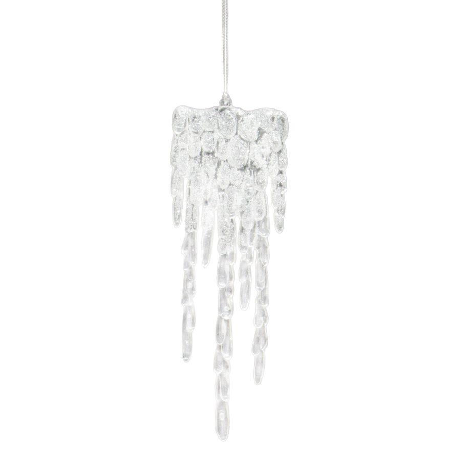 ORN ICICLES CLEAR/ICE WHITE 6.8" W/GLTR