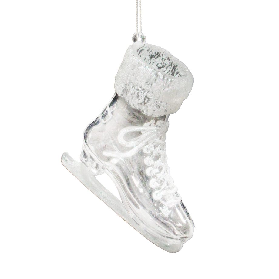 ORN ICE SKATES CLEAR 5.4" W/WHTE & IRIDESCENT GLTR