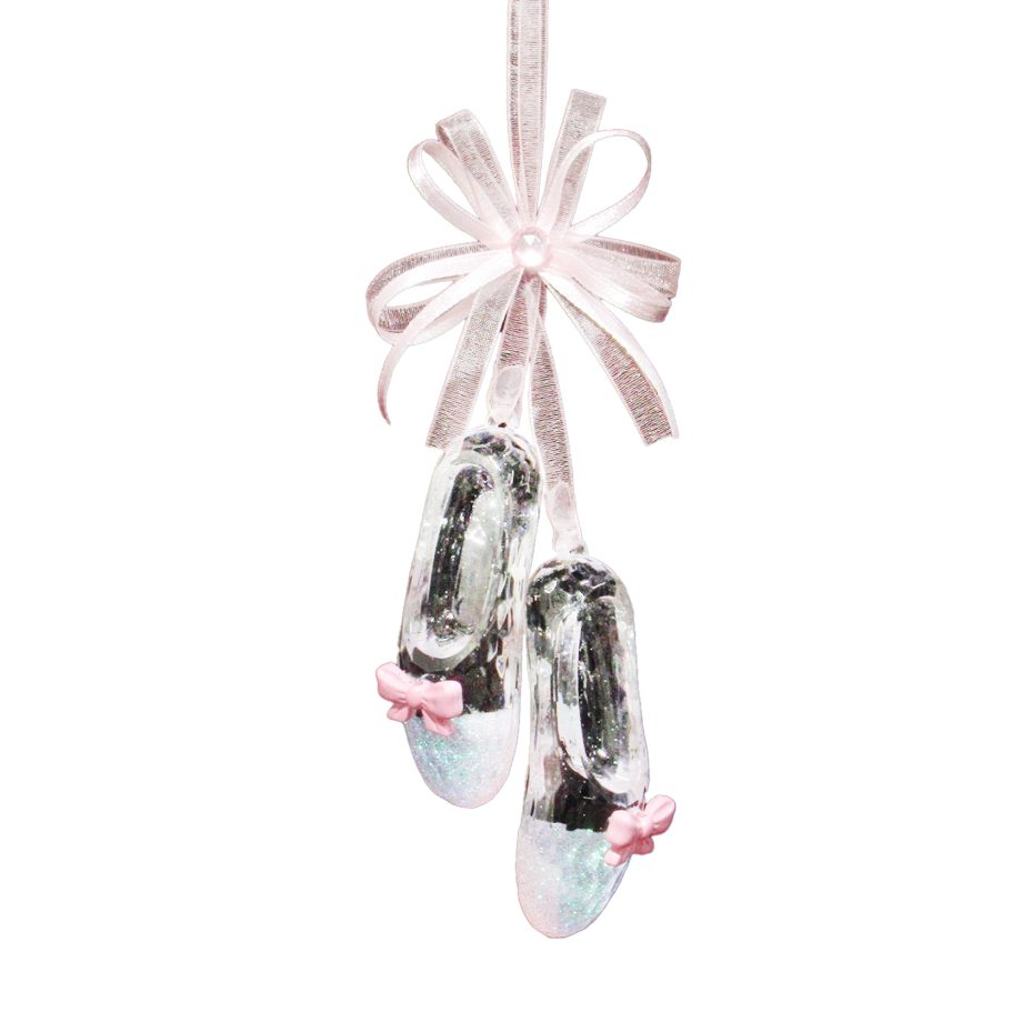 BALLET SHOES CLEAR W/IRIDESCENT PINK GLTR 5.5" W/PINK RIBBON BOW