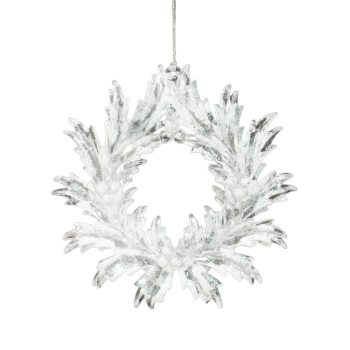 ORN WREATH 5.1" CLEAR W/WHITE IRIDESCENT HOLLY LVS/BERRIES W/GLTR