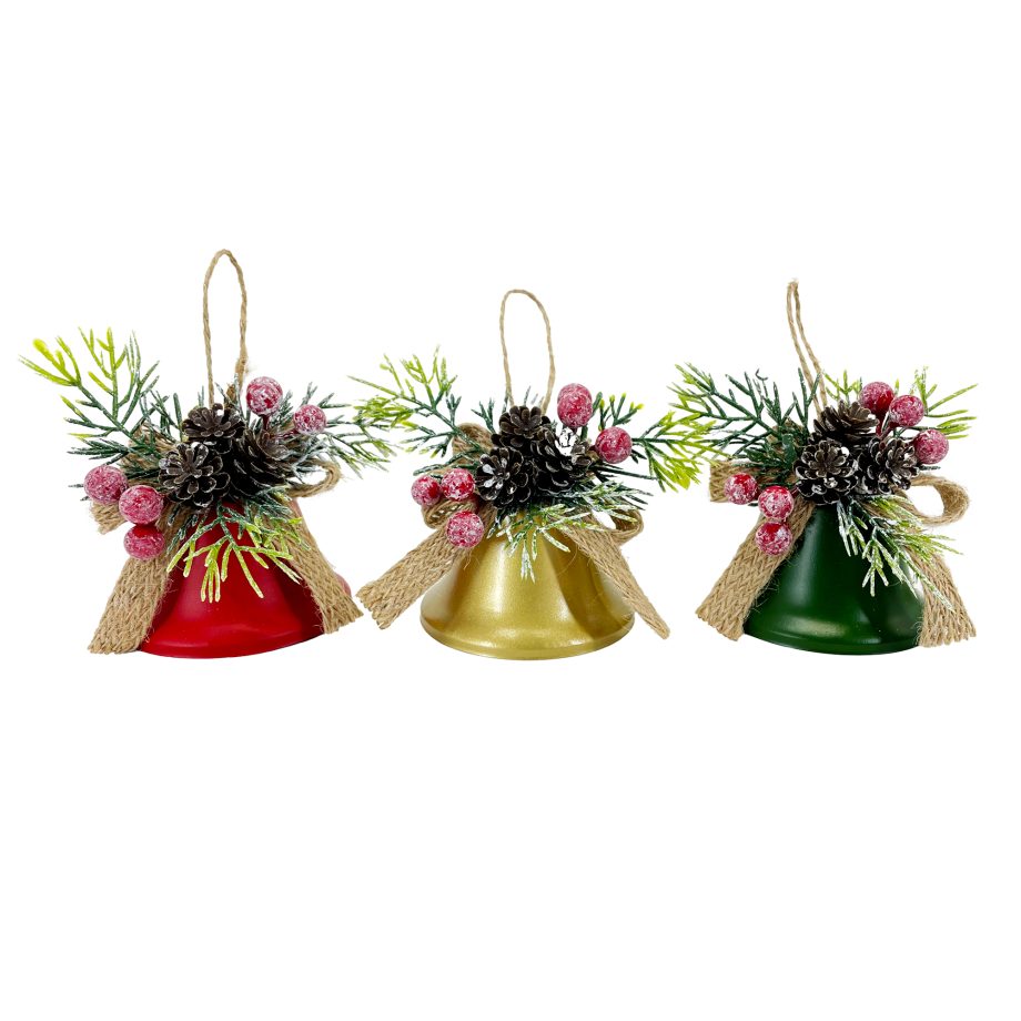 ORN LIBERTY BELLS 3" RED/GOLD/GREEN W/BOW OF SNOWED PINE CONE, BERRY & BURLAP 3 ASSTD. DSP