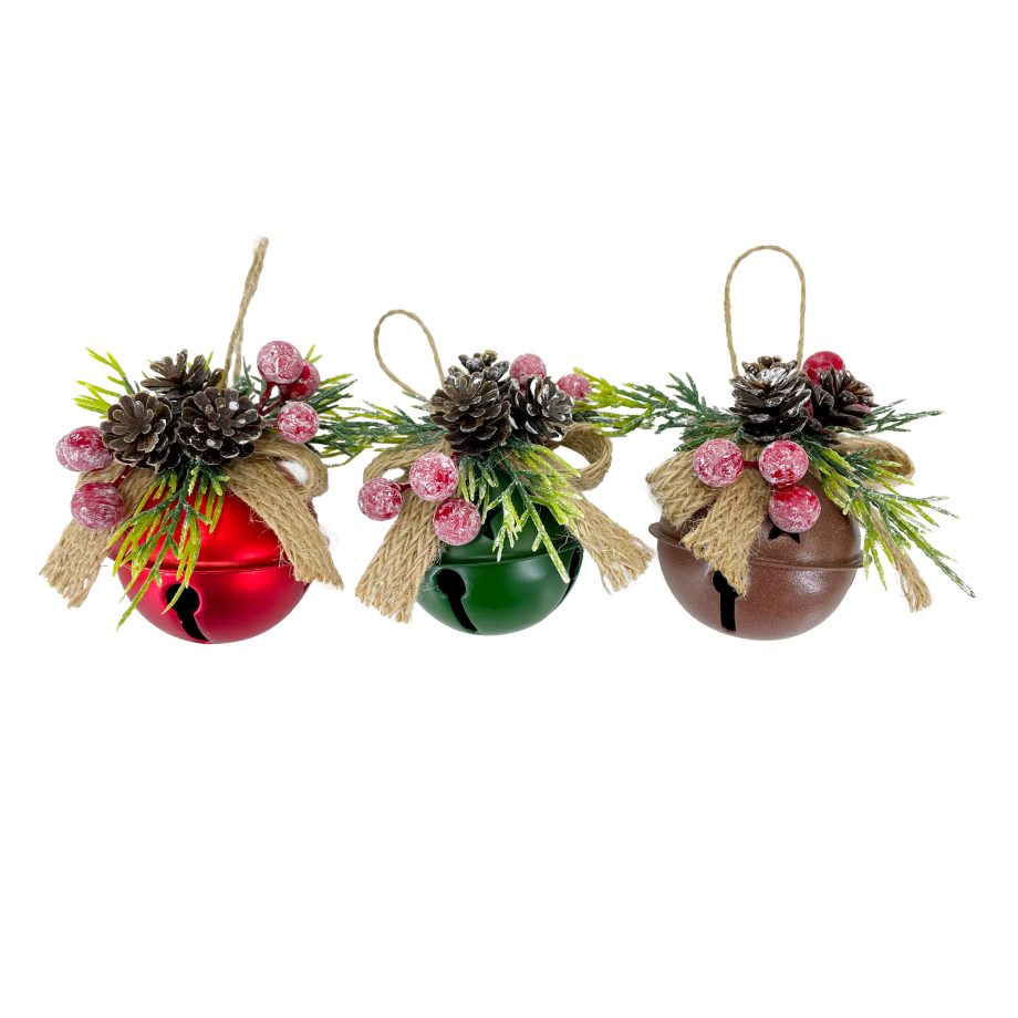 ORN BELLS 2.5" RED/GREEN/BROWN W/BOW OF SNOWED PINE CONE, BERRY & BURLAP 3 ASSTD. DSP