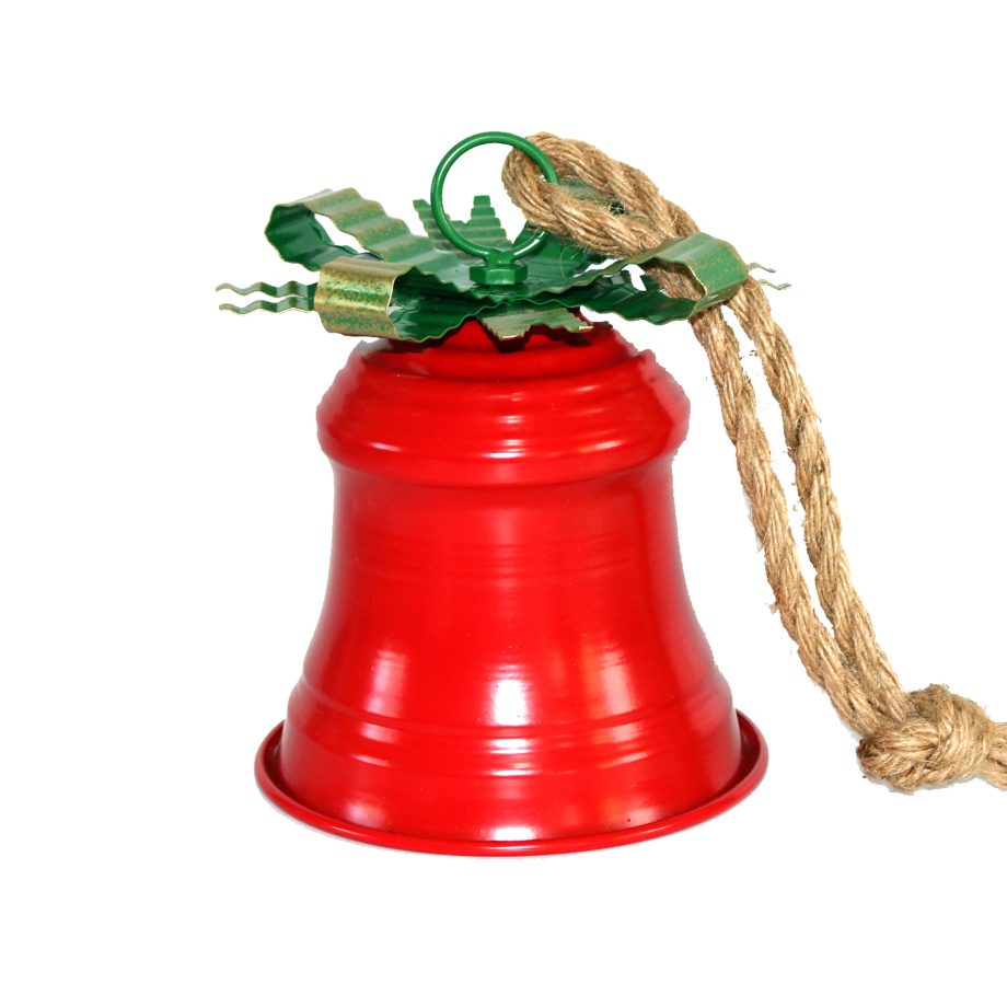 LIBERTY BELL RED SHINY W/ GREEN BOW GOLD BRUSHED FINISH 7" W/ SISAL ROPE