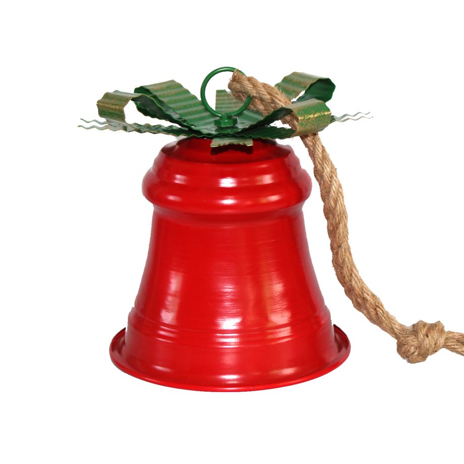 LIBERTY BELL RED SHINY W/ GREEN BOW GOLD BRUSHED FINISH 8" W/ SISAL ROPE