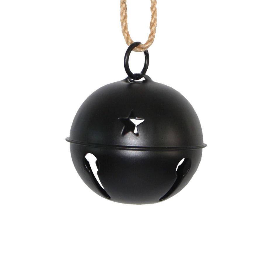 JINGLE BELL BLACK SHINY 3" W/ SISAL ROPE
