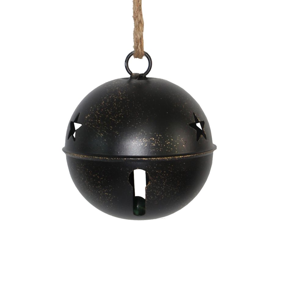 JINGLE BELL BLACK MATTE W/ GOLD BRUSHED 5" W/ SISAL ROPE