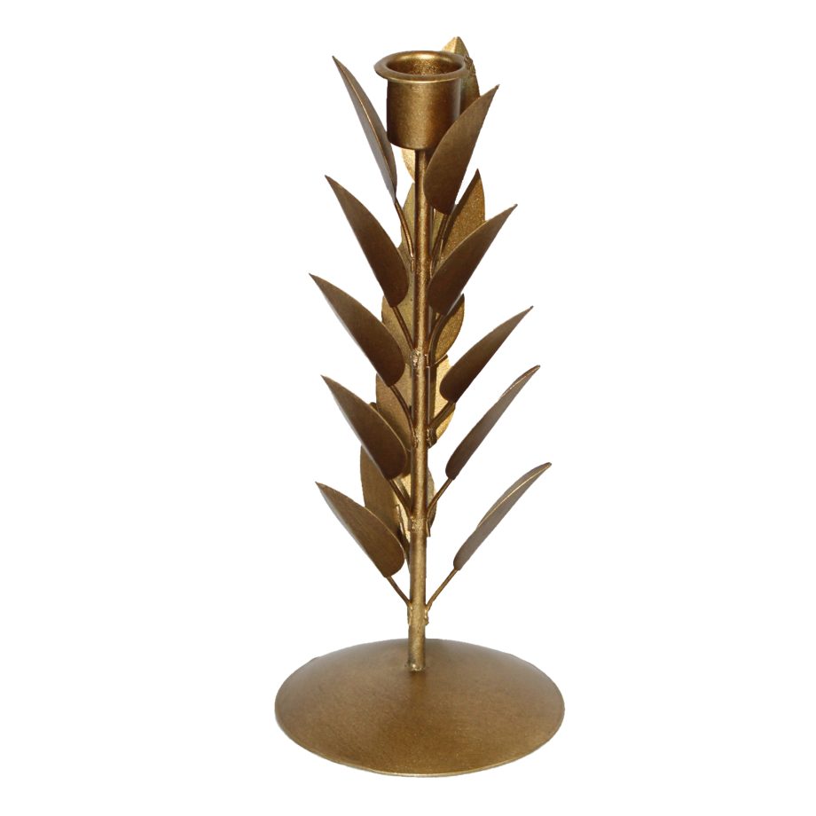CANDLE HOLDER DARK GOLD MATTE 9" METAL LEAF