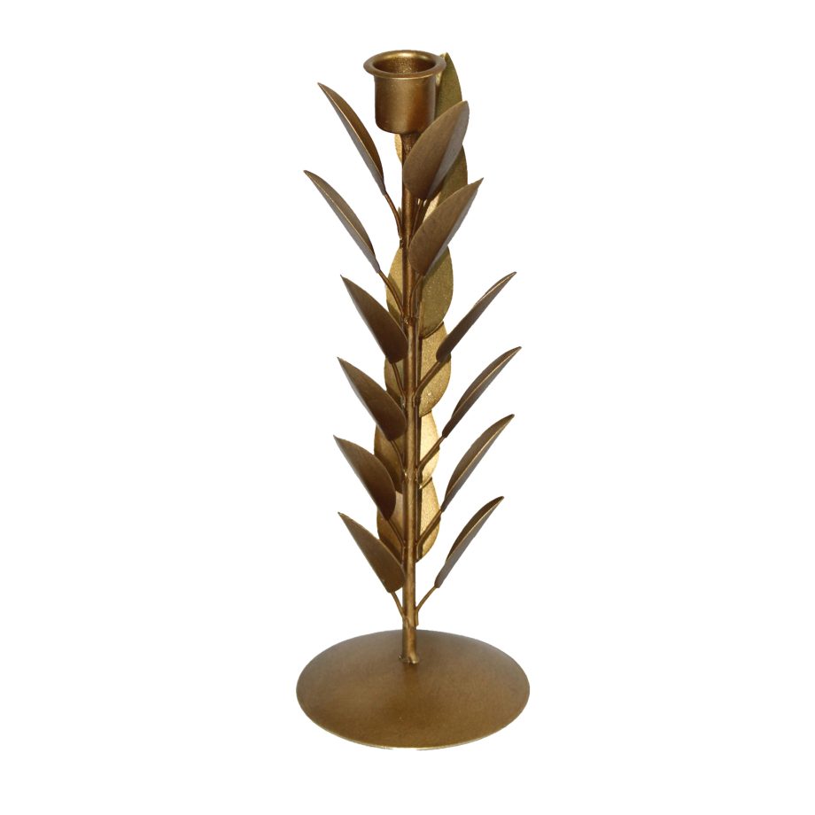 CANDLE HOLDER DARK GOLD MATTE 10.5" METAL LEAF