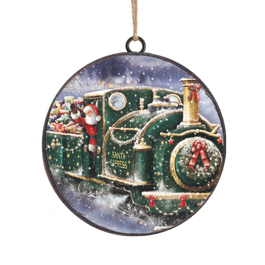 ORN METAL DISC 4" GREEN STEAM TRAIN ADORNED W/ SNOW & FESTIVE DECOR