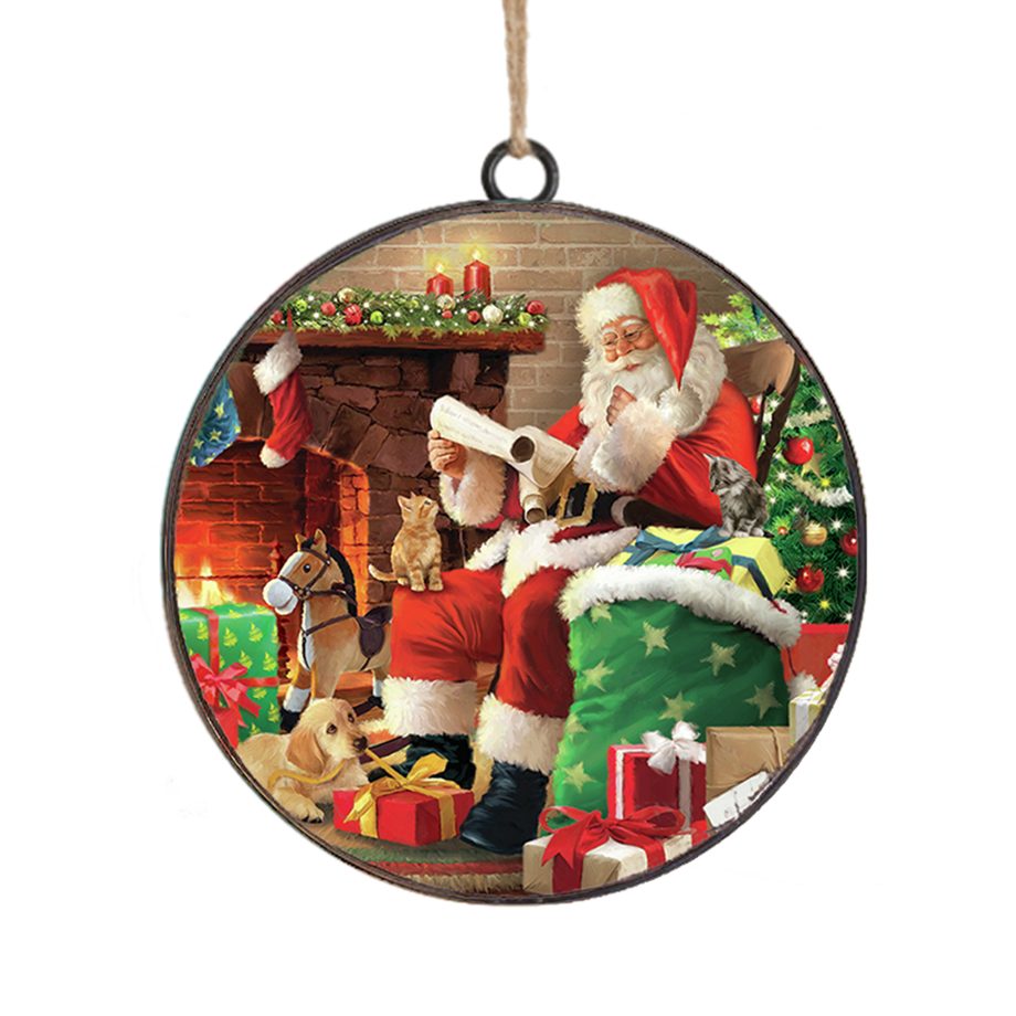 ORN METAL DISC 4" SANTA READING A SCROLL BY THE FIREPLACE