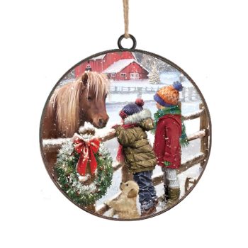 ORN METAL DISC 4" CHILDREN & A PUPPY REACHING OUT TO A HORSE FARM SCENE