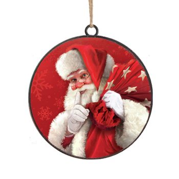 ORN METAL DISC 4" SANTA HOLDING A LARGE RED SACK