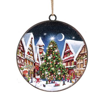 ORN METAL DISC 4" NIGHTTIME VILLAGE WINTER SCENE