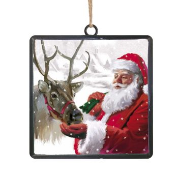 ORN METAL SQUARE DISC 4" SANTA REACHING TOWARD A REINDEER SNOWY SCENE