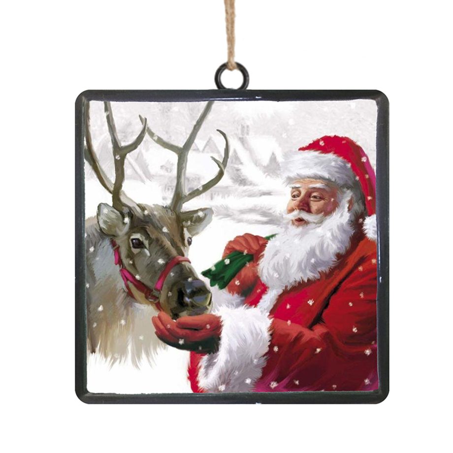 ORN METAL SQUARE DISC 4" SANTA REACHING TOWARD A REINDEER SNOWY SCENE