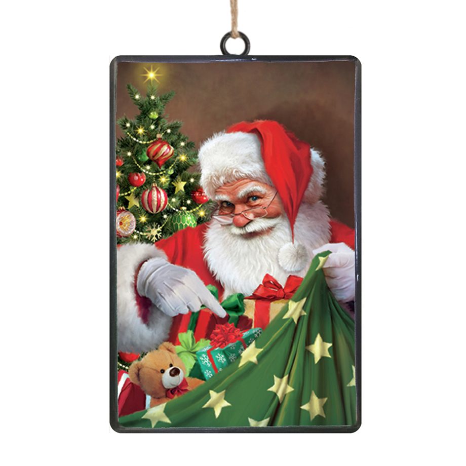 ORN METAL RECTANGULAR DISC 6" SANTA HOLDING SACK FULL OF PRESENTS