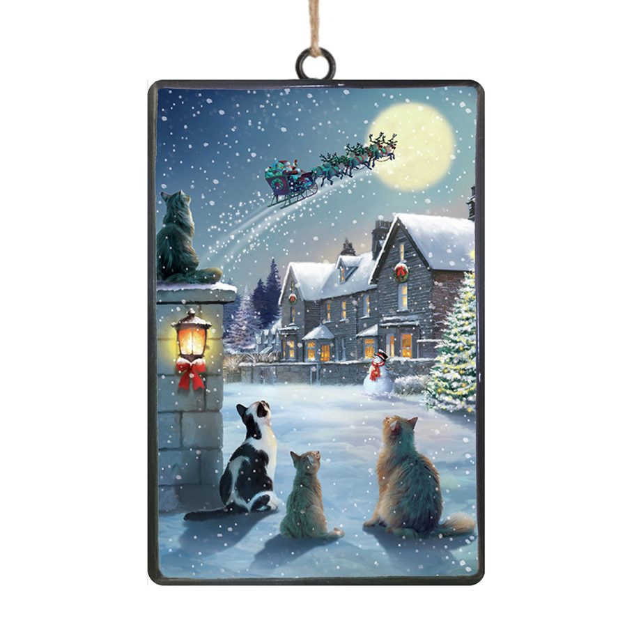 ORN METAL RECTANGULAR DISC 6" CATS WATCHING SANTA SLEIGH RIDE NIGHT SCENE