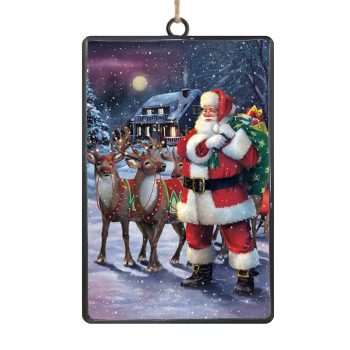 ORN METAL RECTANGULAR DISC 6" SANTA & REINDEER NIGHT SCENE