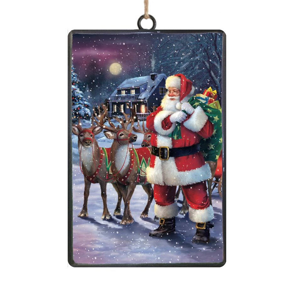 ORN METAL RECTANGULAR DISC 6" SANTA & REINDEER NIGHT SCENE