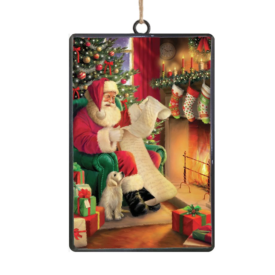ORN METAL RECTANGULAR DISC 6" SANTA BY THE FIREPLACE READING A SCROLL