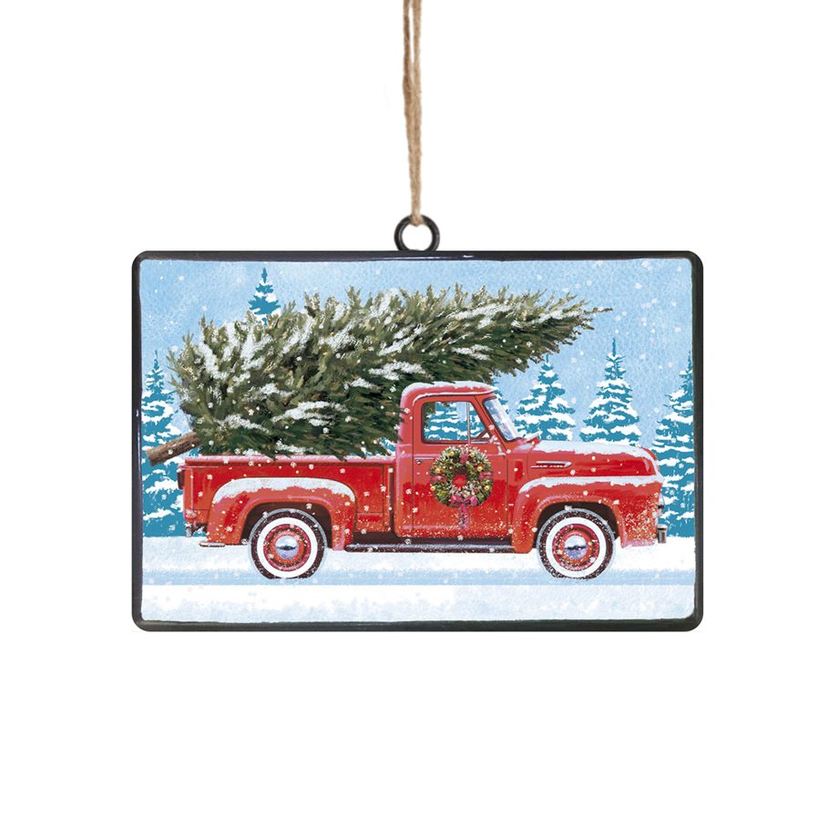 ORN METAL RECTANGULAR DISC 4" VINTAGESTYLE RED PICKUP TRUCK LADEN W/ TREE