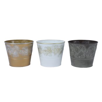 METAL POT GOLD-SILVER|WHITE-GOLD|GRAYISH-TAUPE 5.1" 3PC SET ASSTD. W/ EMBOSSED PINE CONE