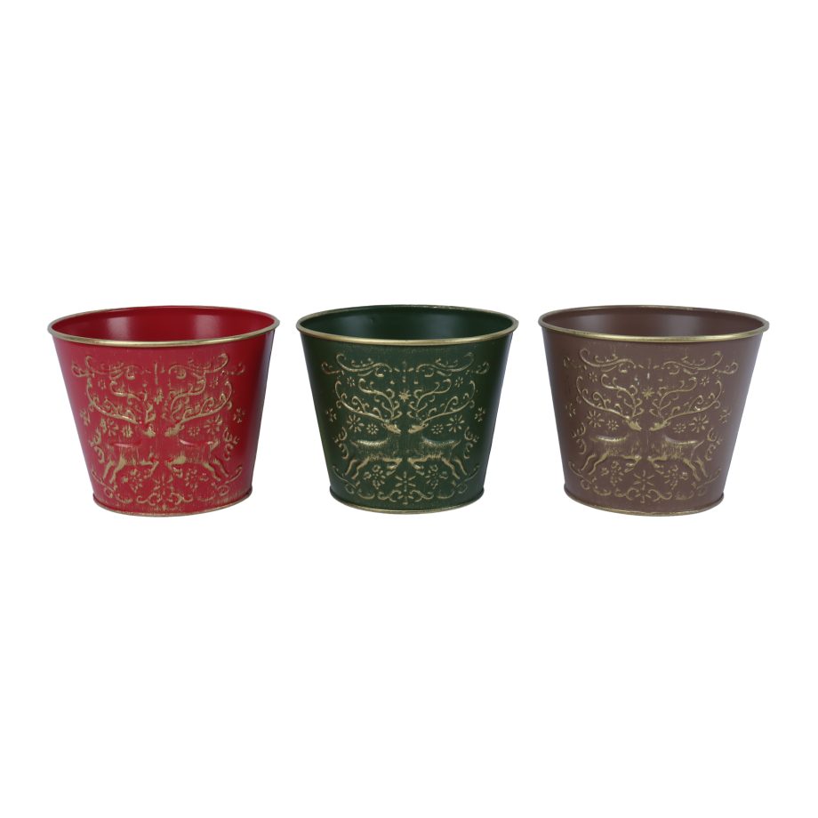 METAL POT RED | GREEN | BROWN 6" 3PC SET ASSTD. W/ GOLD REINDEER & SNOWFLAKES EMBOSSED DESIGN
