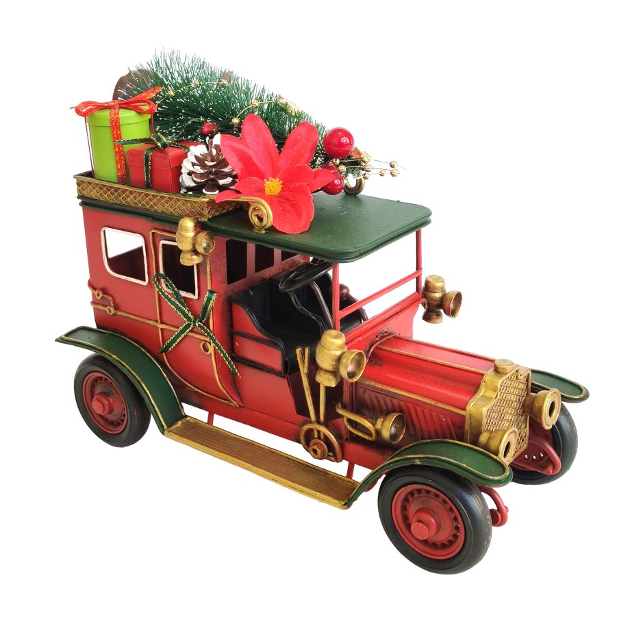 VINTAGE METAL CAR 8"X3.5"X6" RED & GREEN W/TREES, GIFT & POINSETTIA ON TOP