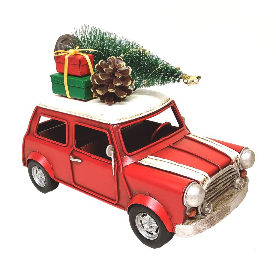 VINTAGE METAL CAR 8"X4"X5.5" RED W/INTRICATE DETAILS & FESTIVE TREE ON TOP