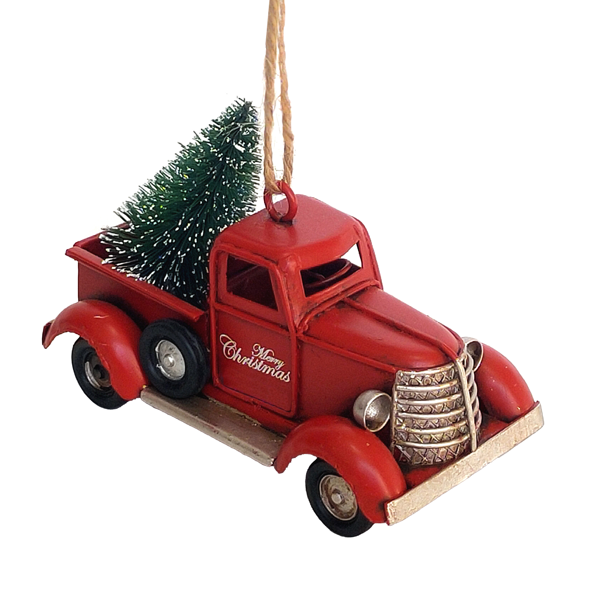 ORN VINTAGE METAL TRUCK 4" RED W/INTRICATE DETAILS CARRYING A FESTIVE TREE