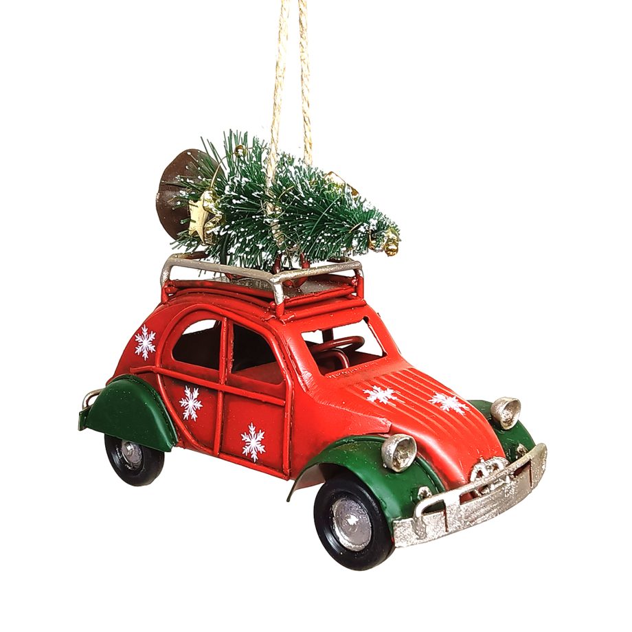 ORN VINTAGE METAL CAR 4" RED W/INTRICATE DETAILS & FESTIVE TREE ON TOP