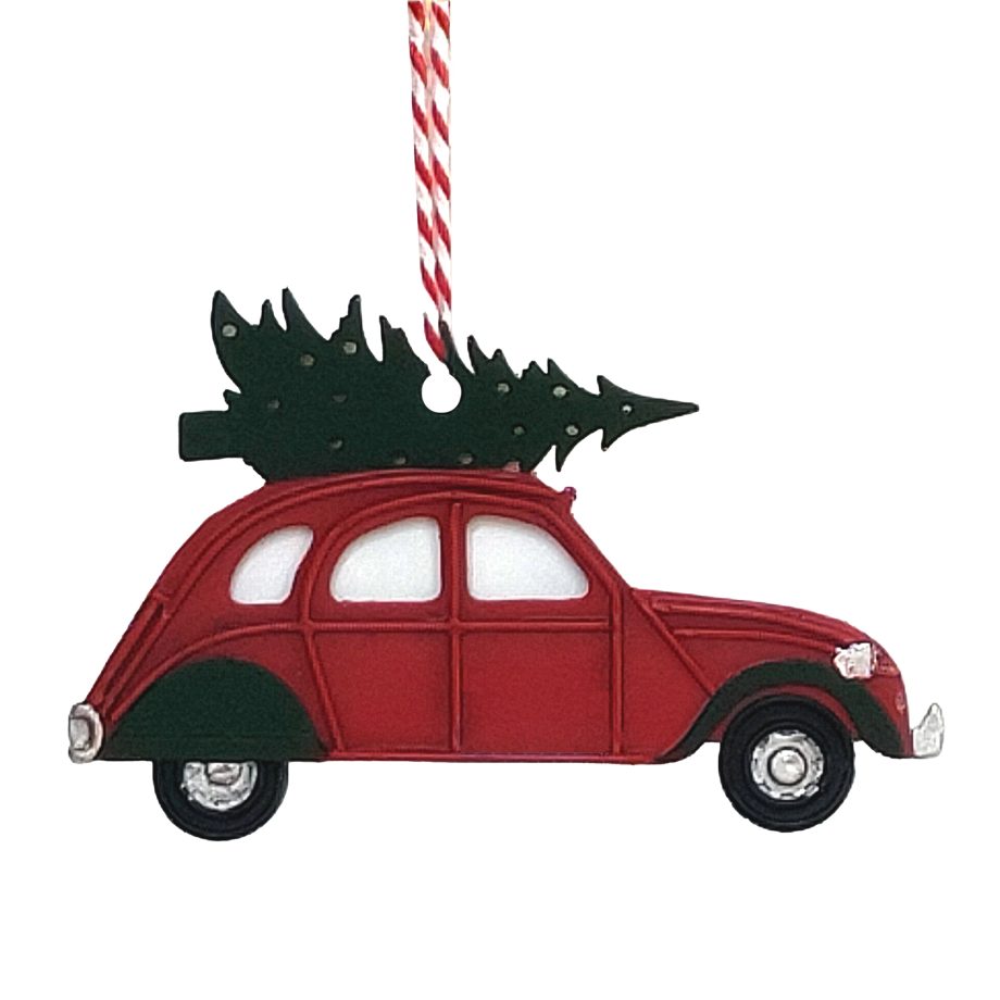 ORN VINTAGE METAL CAR 4" RED W/GREEN TREE ON TOP
