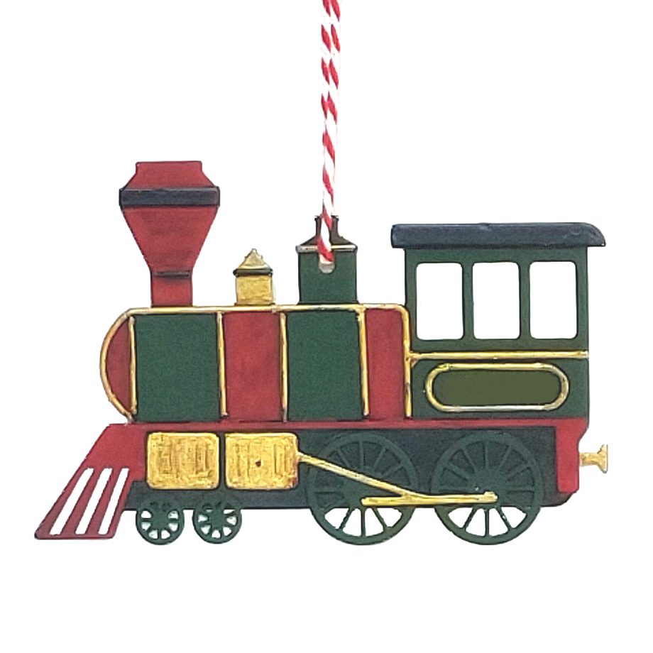 ORN VINTAGE METAL STEAM TRAIN 4" RED GREEN BLACK & GOLD ACCENTS