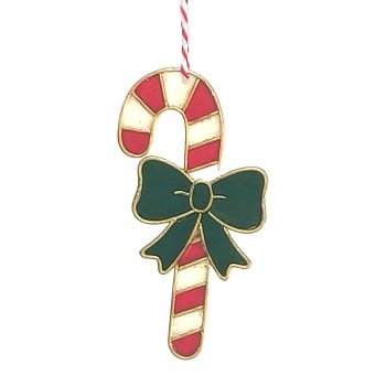 ORN VINTAGE METAL CANDY CANE 4" RED & WHITE STRIPES W/GREEN BOW & GOLD TRIM